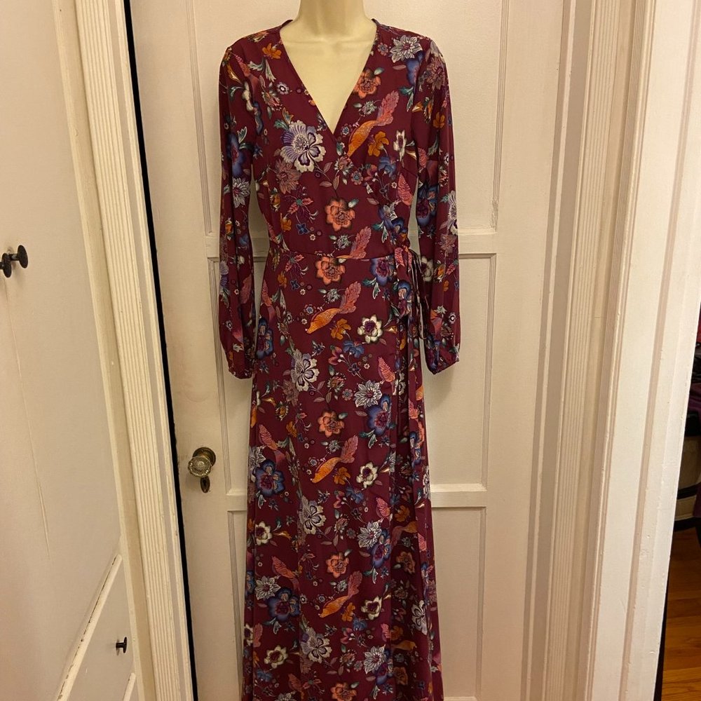 Lovely Maroon Floral Wrap Dress, Full Length, Size S, ark & co
